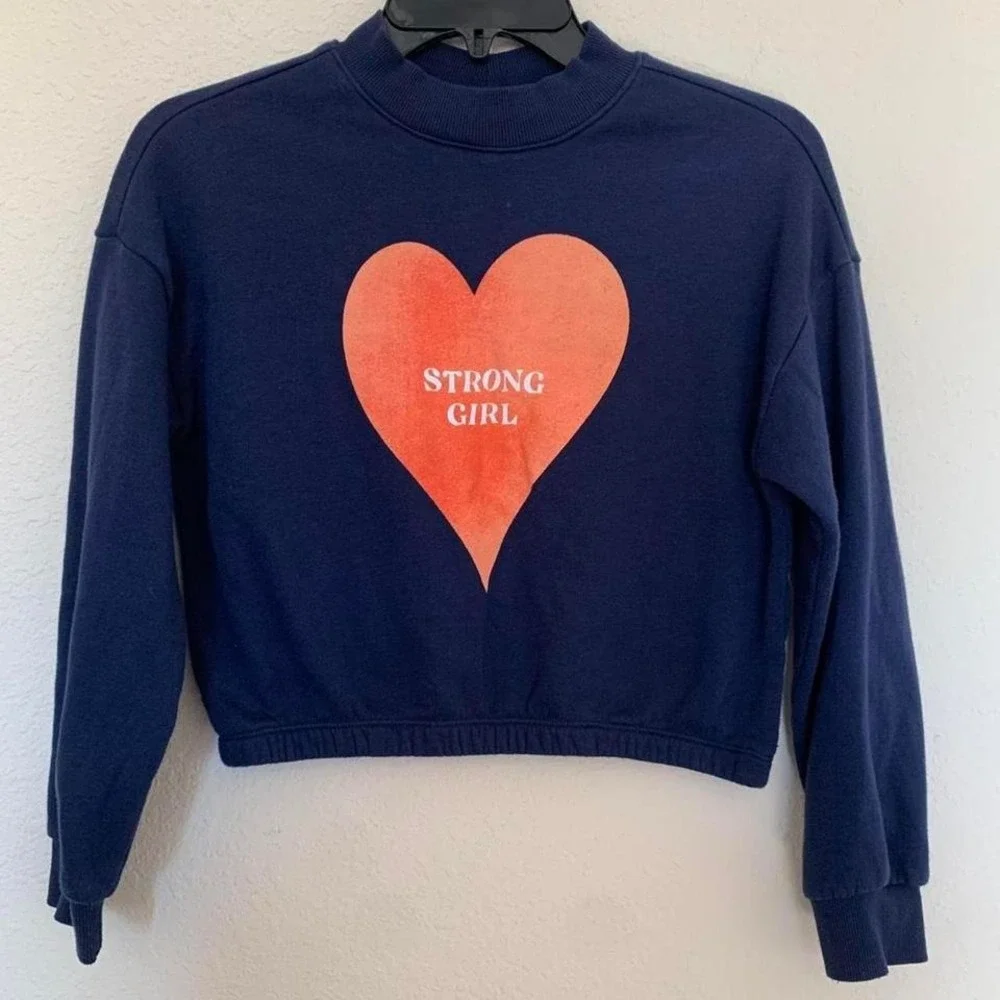 Old Navy Kids Navy Blue Strong Girl Heart Graphic Cropped Sweatshirt Size M‎ 8
